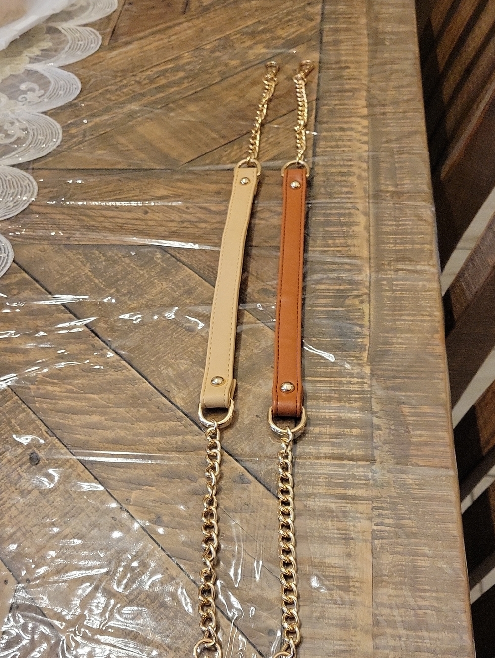 Leather Strap Crossbody Chain - Beige and Brown